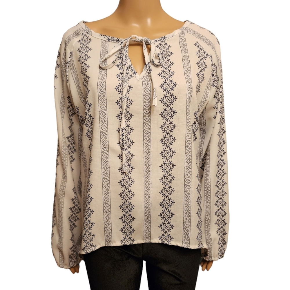White Floral Folk Pheasant Blouse Size XL
